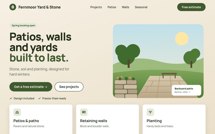 Sample site for Fernmoor Yard & Stone, a fictional landscaping company