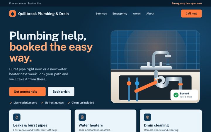Sample site for Quillbrook Plumbing & Drain, a fictional plumbing company